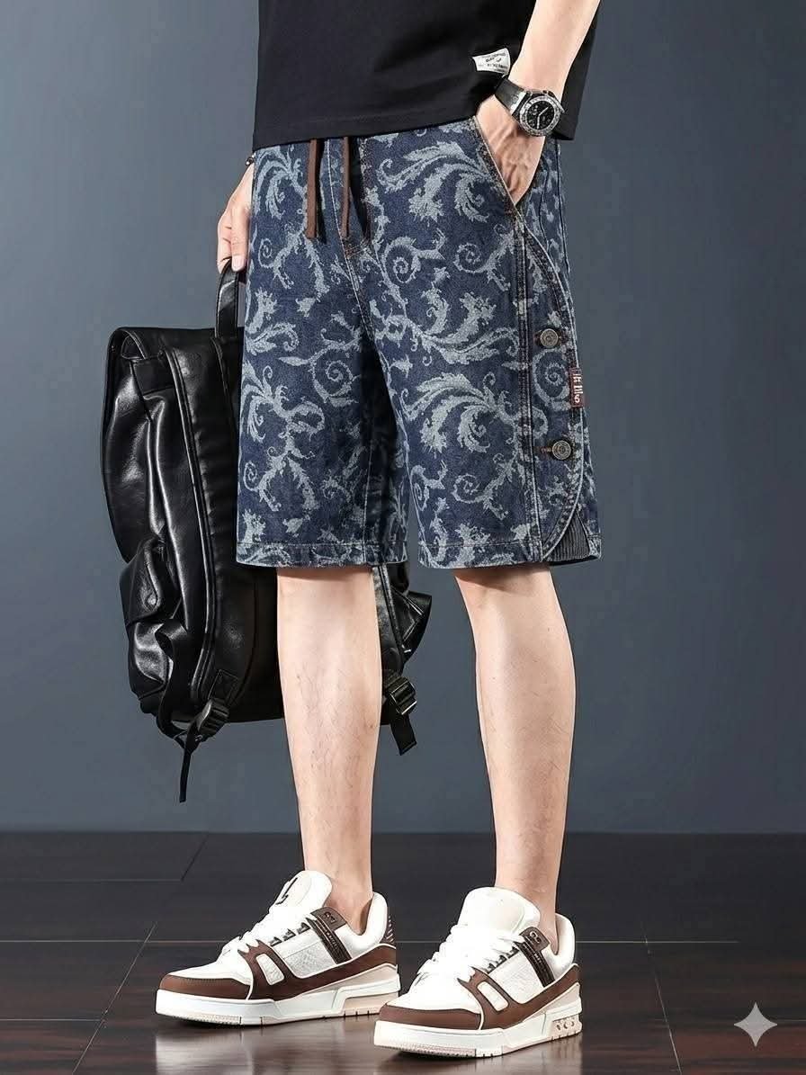 Men's Vintage Patterned Blue Denim Shorts