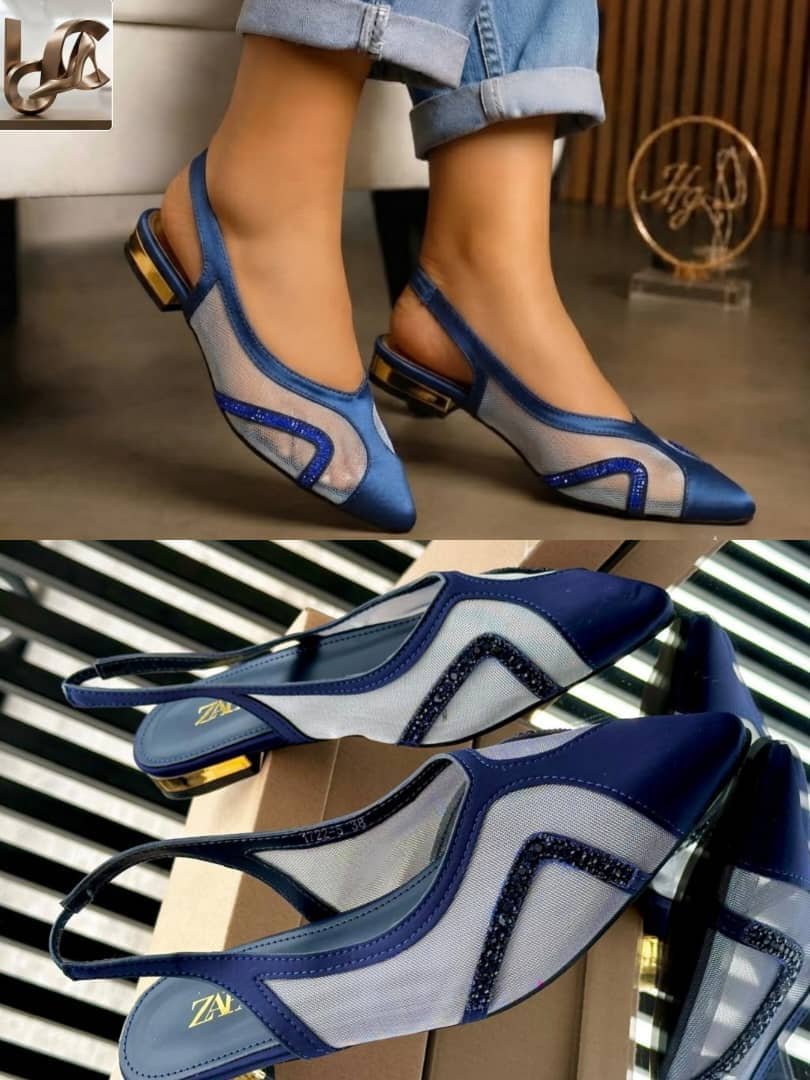 Blue Mesh slingback low heel shoes