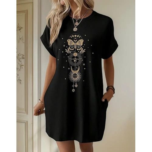 Black T-Shirt Dress with Celestial Print