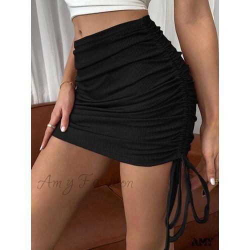 Black Ruched Drawstring Mini Skirt