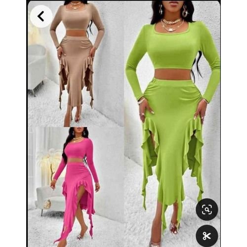 Women Long Sleeve Crop Top and Ruffle Skirt Set
