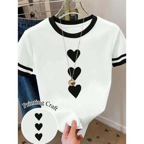 White T-Shirt with Black Hearts and Stripes