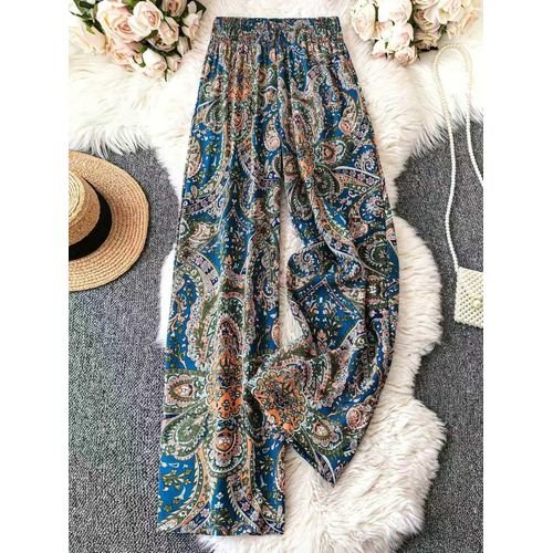 Blue Paisley Print Wide Leg Trousers